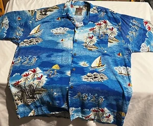 VINTAGE Pineapple Connection Size XL Blue Hawaiian Button Up Palm Trees Men’s - Picture 1 of 7