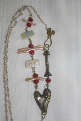 Collar XO Diseñador CORAZÓN PLATEADO - Cuentas/Piedras/Perla 16" Largo ESTERLINA Foto 1 de 4