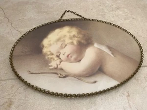 Bessie Pease Gutmann Framed Print Blonde CUPID CAUGHT SLEEPING Oval Chain Frame! - Picture 1 of 16