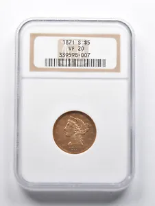 VF20 1871-S $5 Liberty Head Gold Half Eagle NGC Error (1874-S) *1576 - Picture 1 of 3