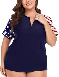 Womens Plus Size Rash Guard Short Sleeve Swim Shirt UPF 50+ Sun Protection Zi... - Picture 1 of 5