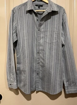 Camisa de manga larga Marc Anthony para hombre grande gris negra a rayas con cuello con botones Foto 1 de 4