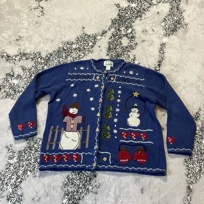 Quacker Factory Sweater Womens Size L Blue Winter Snowman Hearts Mittens - Image 1 of 4