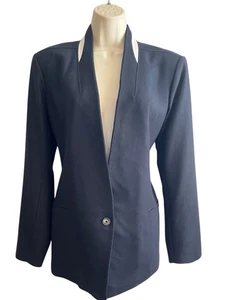 Blazer Helmut Lang Talla 12 Negro Cuero Blanco Cuello Detalle Lana Rayón Hecho en EE. UU. - Imagen 1 de 13