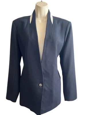 Blazer Helmut Lang Talla 12 Negro Cuero Blanco Cuello Detalle Lana Rayón Hecho en EE. UU. Foto 1 de 4