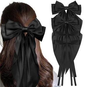 4 Pcs Black Ribbon Hair Bow Clips Coquette Thick Hair Barrettes Accessories - Picture 1 of 7