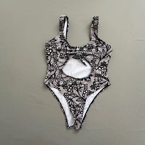M Zaful Swimsuit Size 6 Women One-Piece Swimwear Cut-Out Beige Black Tie Floral - Picture 1 of 9