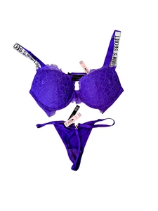 VICTORIA SECRET VERY SEXY PUSHUP BRA & THONG SET Rhinestone Strap 34C Purple NEW - Picture 1 of 6