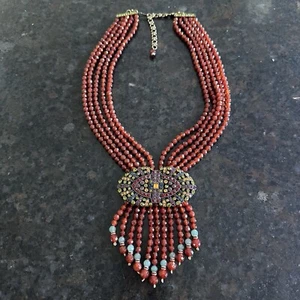 Heidi Daus Red Carnelian MultiStrand Bead Statement Necklace Crystal Centerpiece - Picture 1 of 18