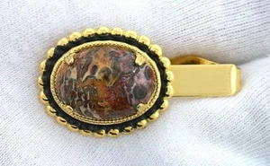 1 1/2  INCH 18x13 OVAL LEOPARDSKIN JASPER CAB GOLDPLATED TIE CLIP BAR EPTT298 - Picture 1 of 2