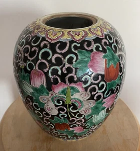 ANTIQUE CHINESE FAMILLE NOIR REPUBLIC PERIOD PORCELAIN GINGER JAR VASE POT BLACK - Picture 1 of 24