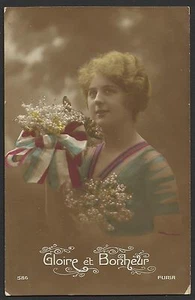 French 1916 WOMAN BOUQUET GLORY HAPPINESS French Tinted Photo Postcard RPPC - Picture 1 of 2