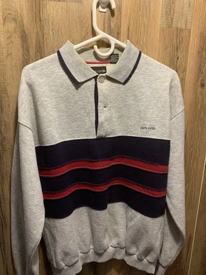Moletom Vintage Pierre Cardin Adulto Médio Cinza Azul/Vermelho Color Block Listra - Imagem 1 de 4