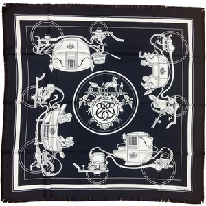 Hermes Black Ex-Libris Fringed 80cm Silk Scarf - Picture 1 of 6