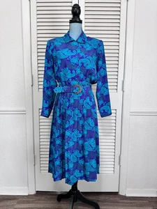 Vintage 80s Leslie Fay Blue Belted Pleated Midi Secretary Dress 12 Petite - Picture 1 of 7