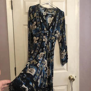 Poleci Silk Dress Extremely Rare Sought after Boho Blue floral lace border sz 8 - Picture 1 of 8