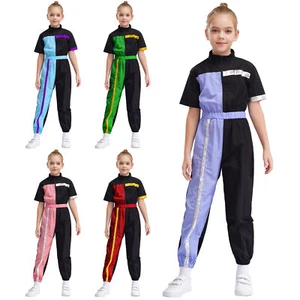 Kids Girls Bodysuit Waist Jumpsuit Teens Catsuit Stree Color Block Workout - Picture 1 of 45