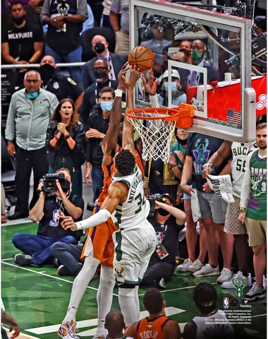 Giannis Antetokounmpo Bucks UnSigned Block in Game Four 2021 NBA Finals Photo Cover