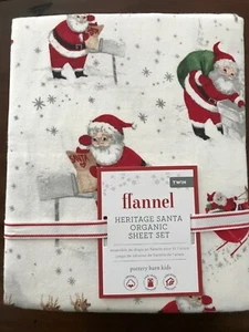 NEW Pottery Barn Kids Heritage Santa ORGANIC ~ Flannel ~ TWIN Sheet Set ~ Santa - Picture 1 of 11