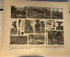 PAPUA CAROLINE ISLANDS Nuova Guinea Stampa Incisione 1800 Popolo Collage E9 - Foto 1 di 2