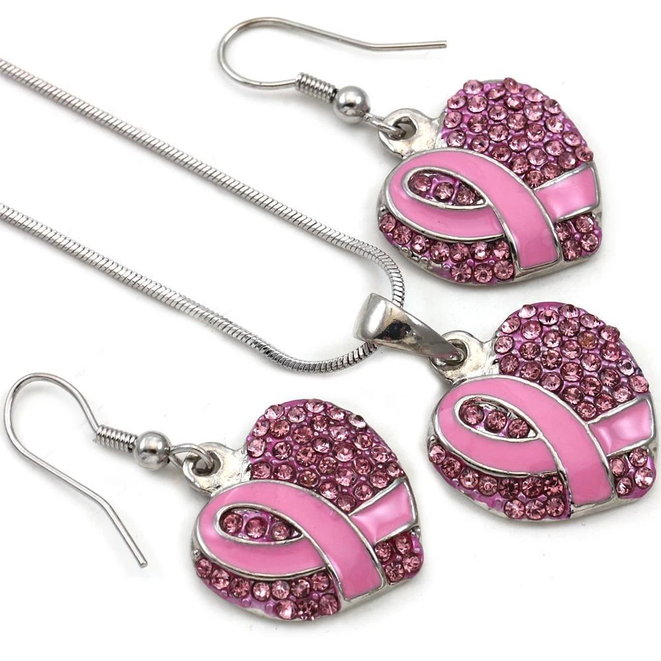 乳腺癌意识粉色丝带心形项链吊坠吊坠耳环套装 s1 — 第 1/1 张图片