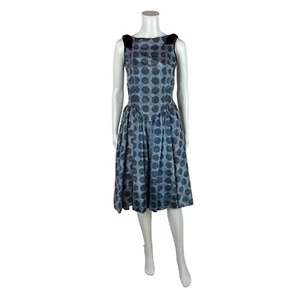 Vintage 50s Party Dress Junior's XXS Pointed Waist Cocktail Blue Spheres Velvet - Picture 1 of 10