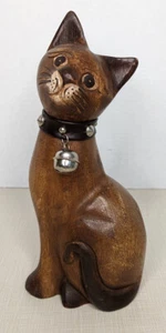 Large 10" Tall Hand Carved Wood Cat With Bell Collar Brown Tan Vintage Sculpture - Picture 1 of 5