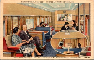 Tarjeta postal de colección CHICAGO AND NORTH WESTERN Streamliner "400" salón de observación - Imagen 1 de 2