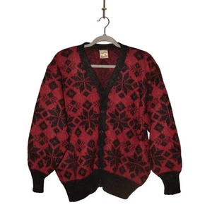 Cárdigan de lana islandés vintage HILDA LTD rojo negro suéter copo de nieve nórdico L - Imagen 1 de 4