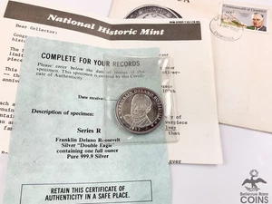 Vintage 1982 Franklin Delano Roosevelt .999 Fine Silver 1oz Round w/COA & OP - Picture 1 of 7
