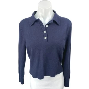 NEW J.Crew Women's Blue Featherweight Cashmere Long Sleeve Crop Polo Shirt Top L - Picture 1 of 4