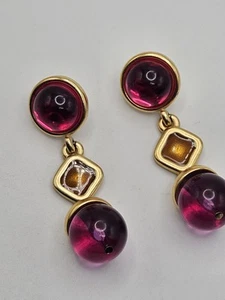 Vintage Monet Gold Tone Lucite Enamel Dangle Pierced Earrings - Picture 1 of 15