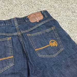 Y2K BAGGY Jorts Mecca USA Denim Mens 36 Dark Wash Embroidered Logo Patch Skater - Picture 1 of 6