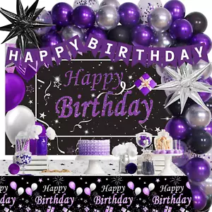 Black Purple Birthday Decorations for Women Girls Men, Purple and Silver Party D - Picture 1 of 12