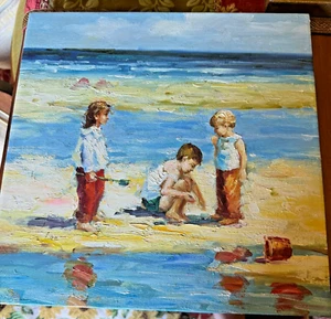 Malovani Designs “Three Can Play ” 14x14 Canvas Signed --Kids playing on beach - Picture 1 of 7