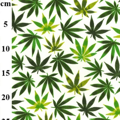 ROSE & HUBBLE 100% Cotton Fabric - Hemp Leaf Green Weed Print on Ivory - Craft Fabric Material