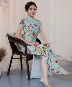Chinese Qipao Retro Long Soft stretchy Cheongsam wedding party Floral dress - Picture 1 of 15