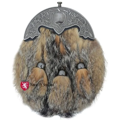 HOUSE OF SCOTLAND Authentic Scottish Dress Fur Sporran with Shamrock Cantle and Leather Chain Belt