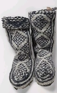 Unisex Knit Boot Sock Slippers Hand Made Suede Sole. Size L Blue And White - Picture 1 of 13