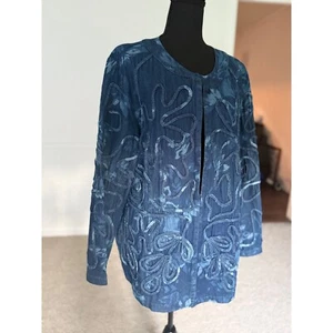 Denim Jacket Blazer Floral Applique Open Front Plus Size 1X Liz & Me unique - Picture 1 of 8