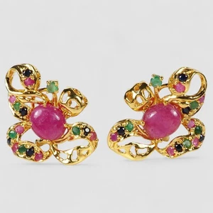 24K Gold Plated 925 Sterling Silver Earrings Refined Blood Red Ruby Cabochon - Picture 1 of 6