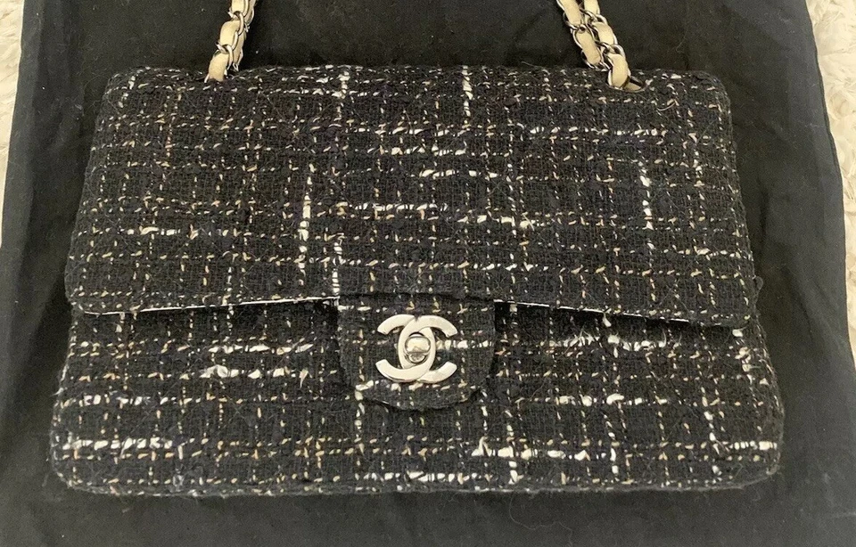 Chanel Classic Double Flap Black White Beige Chain Handles Tweed Bag - Image 1 of 4