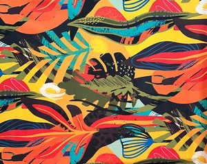 African Stretch Cotton Satin Fabric- Orange, Yellow, Teal "Kalahari Camo" Per Yd - Picture 1 of 4
