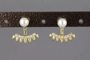 gold spike ear jacket front back earrings faux pearl double look stud spiked  - Picture 1 of 6