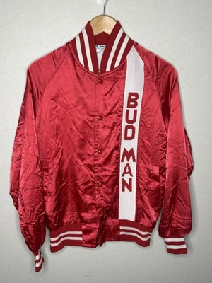 Vintage Bud Man Budweiser Red Satin Bonner Jacket Beer Anheuser Busch Size Small - Image 1 of 4