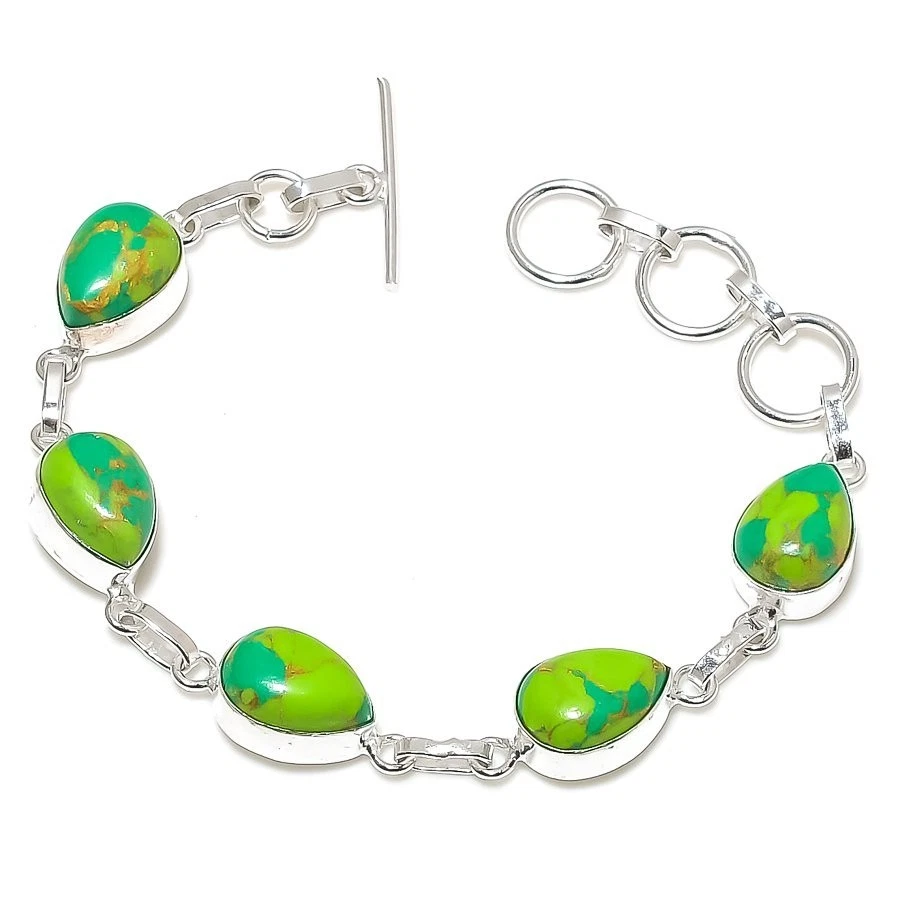 Brazalete Joyería Plata de Ley 925 Piedras Preciosas Turquesa Cobre Tamaño 7-8" Foto 1 de 1