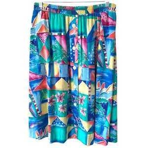 Gonna midi vintage anni 80 Koret Francisca colorata tropicale con bottoni taglia large - Foto 1 di 5