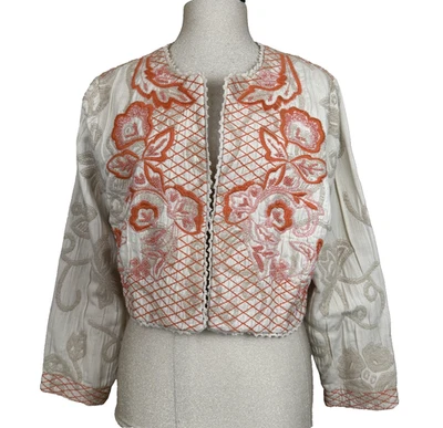 Soft Surroundings Jacket Womens Small Ivory Orange Embroidered Floral Cropped - Image 1 of 4