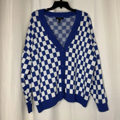 Forever 21 Checkered Blue And White Oversized Cardigan Sz S - Imagem 1 de 4
