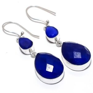 Blue Sapphire Gemstone 925 Sterling Silver Jewelry Earring 2.4"  A-1
